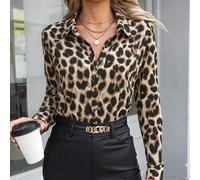 Shein Camisa de manga larga cómoda y casual para mujer, camisa con botones y cuello con estampado de leopardo, para primavera/otoño