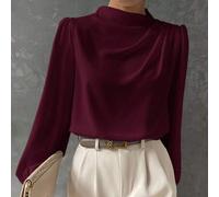 Shein Camisa de manga larga con cuello, plisada y holgada en color borgoña, manga farol. Elegante y moderna para uso urbano y diario, con estilo retro de lo