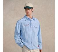 Shein Camisa de manga larga con rayas verticales y hombros caídos con bordado de Los Ángeles, ropa casual de otoño para uso diario y estilo universitario, r