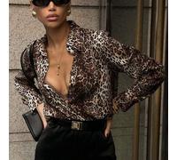 Shein Camisa de mujer con estampado de leopardo marrón, adecuada para conciertos, oficina, maestros, escuelas, fiestas de baile, moda callejera estadouniden