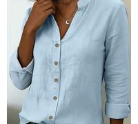 Shein Camisa de mujer de estilo retro francés de manga larga con cuello en V de unicolor, casual y holgada con botones, adecuada para uso casual, vacaciones