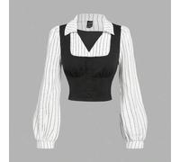 Shein Camisa de mujer de manga larga a rayas en blanco y negro 2 en 1, de vestir casual, camisa de mujer de manga larga, blusas blancas de mujer