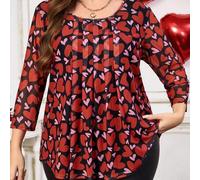 Shein Camisa de mujer de talla grande con estampado de corazón rojo de manga 3/4, atuendos de verano para mujer/Día de San Valentín, principios de primavera