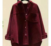 Shein Camisa de pana para mujer - Blusa de manga larga con cuello burdeos, 100% poliéster lavable a máquina, unicolor elegante y casual para uso diario, ade