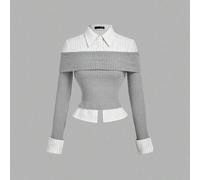 Shein Camisa de punto gris a rayas con parches, 2 en 1, para volver al colegio, uso en la oficina, estilo "old money" para mujer, estilo preppy, para profes