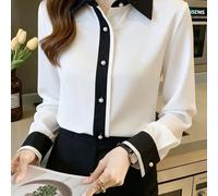 Shein Camisa elegante de bloques de color para mujer ELVA para oficina, entrevista, regreso a la escuela, Día de San Valentín, Año Nuevo, casual blanca