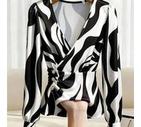 Shein Camisa elegante de estilo retro francés con cuello en V, estampado de colores contrastantes, para uso casual y de vacaciones