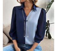 Shein Camisa holgada, casual y elegante para el día a día, versátil, de gasa de parches, con cadena de perlas decorativa, manga 3/4, de tejido no elástico e