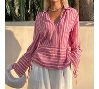 Shein Camisa holgada de mujer con solapa, cordones y rayas, rosa, para primavera, verano, junio, festival y Día de San Juan