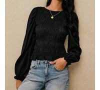 Shein Camisa negra, blusa de mujer de cuello redondo sólido casual y versátil de manga larga, simple y de moda, ropa de mujer de otoño, estilo de dinero vie