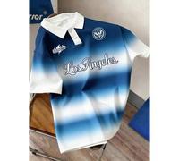 Shein Camisa polo casual de moda con rayas degradadas azules y logo de Los Ángeles, adecuada para primavera y verano, gran regalo para amigos