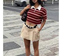Shein Camisa polo corta a rayas elástica y cómoda para mujer, estilo preppy vintage Y2K, casual old money, para primavera, streetwear, salir, vuelta al cole