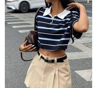 Shein Camisa polo corta a rayas elástica y cómoda para mujer, estilo preppy vintage Y2K, casual old money, para primavera, streetwear, salir, volver al cole