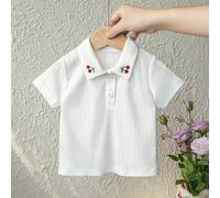 Shein Camisa polo de bebé niña con cuello Peter Pan, de punto suave jacquard con calado, bordado de cerezas delicado, media cartera, estilo francés dulce y