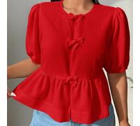 Shein Camisa retro con cuello Peter Pan, lazo, mangas abullonadas y cinturón en la cintura, talla grande, para el Día de San Valentín