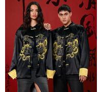 Shein Camisa suelta de cuello alto con botones, estampado del año de la serpiente según el zodíaco chino, tejido en parches, de hombros caídos, unisex, para