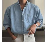 Shein Camisa vaquera de manga larga, de un solo pecho, con bolsillo, holgada, para hombre, ropa de otoño