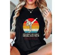 Shein Camiseta 100% algodón "Beauty Grace Kick You In Face Girl Karate Taekwondo Gift" para mujeres y hombres, de ajuste relajado, cómoda y clásica, ideal p