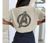 Shein Camiseta 100 % algodón con estampado de los Vengadores, ideal para primavera/verano, cuello redondo, manga corta, para mujer, color gris ahumado.