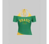 Shein Camiseta ajustada casual de mujer con bloques de color 2 en 1, camiseta de fútbol de Brasil, Copa del Mundo, ropa de calle, adecuada para el uso diari
