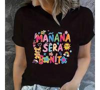 Shein Camiseta ajustada con estampado colorido 'Manana Sera Bonito' para mujer, camiseta ajustada para mujer, top de verano, serie guerrera K-Pop, top de al