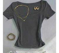 Shein Camiseta ajustada de cuello cuadrado gris clásica, camiseta de manga corta ajustada de cuello cuadrado con estilo, camiseta de moda, una camiseta idea
