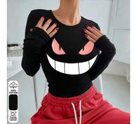 Shein Camiseta ajustada de manga larga con estampado de boca grande y ojos grandes de Pokémon , 100 % algodón, ropa sexy de otoño e invierno para mujer, rop