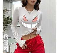 Shein Camiseta ajustada de manga larga con estampado de boca grande y ojos grandes de Pokémon , 100 % algodón, ropa sexy de otoño e invierno para mujer, rop