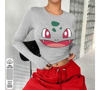 Shein Camiseta ajustada de manga larga para mujer con estampado de dibujos animados de Pokémon con ojos grandes y boca grande, 100 % algodón, ropa sexy par