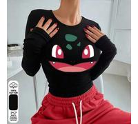 Shein Camiseta ajustada de manga larga para mujer con estampado de dibujos animados de Pokémon con ojos grandes y boca grande, 100 % algodón, ropa sexy par