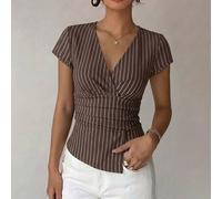 Shein Camiseta ajustada de mujer con escote en V profundo, manga corta tipo casquillo y plisada, estilo de moda para ir al trabajo, cintura plisada, dobladi