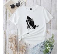 Shein Camiseta ajustada de mujer de manga corta con cuello redondo y estampa de cruz, informal para el verano