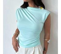 Shein Camiseta ajustada de verano con manga abullonada, cuello oblicuo, plisados y decoración floral 3D de flor de nochebuena en un elegante y versátil esti