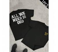 Shein Camiseta "All We Need Is God", para hombre, con estampado de doble cara, cuello redondo, informal, de algodón de 220 g/m² (1 unidad)