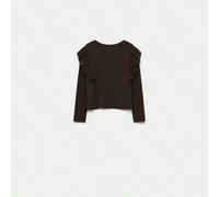 Shein Camiseta Armonias Teen Laia-Brown de Algodón con Detalle de Volantes, Cuello Redondo y Manga Larga, Fabricada en Italia, Disponible en Tallas S, M, L,