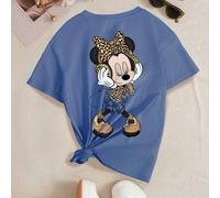 Shein Camiseta azul holgada de algodón cómoda con estampado de Mickey Mouse, Minnie Mouse, lazo de leopardo y música para entretenimiento y vacaciones, cuel