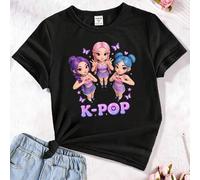 Shein Camiseta básica corta de verano y primavera para niñas y jóvenes, con estampado casual y minimalista de personajes de grupos virtuales femeninos, mari