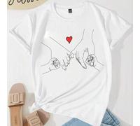 Shein Camiseta básica de manga corta para mujer con estampado casual creativo de un corazón con el diseño de manos entrelazadas entre padres e hijos, hecho