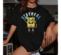 Shein Camiseta básica negra extragrande de manga corta para mujer, de color liso, con un diseño mecánico de Bob Esponja. Luce un cuerpo cuadrado amarillo co