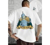 Shein Camiseta Bender con diseño de robot Save the Planet, para hombre, con estampado a doble cara, moderna, informal, cuello redondo, 220 g/m², algodón pur