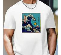 Shein Camiseta Big Wave, camiseta gráfica de verano para hombre, camiseta de cuello redondo para hombre, 220 g/m², algodón puro, manga corta de verano (1 pi