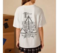 Shein Camiseta blanca casual de corte holgado con estampado en blanco y negro de dispositivo sagrado de la muerte, camiseta súper holgada