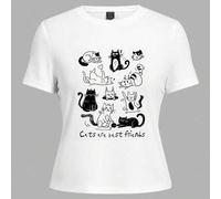 Shein Camiseta blanca casual de cuello redondo para mujer con impresión del gato a rayas en blanco y negro y texto 'El gato es el mejor amigo', adecuada par