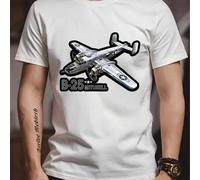 Shein Camiseta blanca con estampado de avión B-25 Mitchell, cuello redondo para hombre, 220 g/m², verano, algodón puro, manga corta (1 pieza)