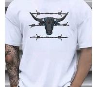 Shein Camiseta blanca con estampado de cabeza de toro y alambre de espino, camiseta de cuello redondo para hombre, 220 g/m², para verano, fabricada en puro