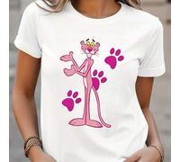 Shein Camiseta blanca con estampado de la Pantera Rosa. Camiseta estampada de moda, 220 g, para verano, informal, cuello redondo, puro algodón, manga corta
