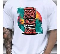 Shein Camiseta blanca con estampado de tótem tiki, cuello redondo para hombre, 220 g/m², algodón puro de verano, manga corta (1 pieza)