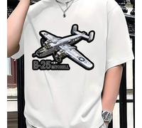 Shein Camiseta blanca con estampado del avión B-25 Mitchell, cuello redondo para hombre, 220 g/m², verano, puro algodón, manga corta (1 pieza)