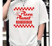 Shein Camiseta blanca con motivo de Pizza Planet, camiseta de cuello redondo para hombre, 220 g/m², para verano, de puro algodón, manga corta (1 pieza)