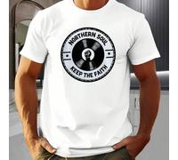 Shein Camiseta blanca con motivo Northern Soul Faith, camiseta de cuello redondo para hombre, 220 g/m², para verano, de puro algodón, manga corta (1 pieza)